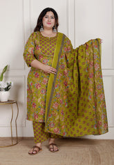 Plus Size Green Cotton Printed Kurta Pant Set with Dupatta-200091